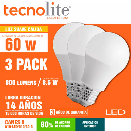 Foco Luz de Día Pack de 3 Focos Led A19 Tecnolite 8.5 W E27 Blanco Calido. A19-led/010/30-3